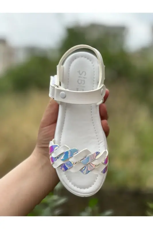 Kız Çocuk Sandalet Fashion Taşlı Sandalet Phylon (hafif) Yumuşak Taban Sandalet-Hologram Beyazı - 3
