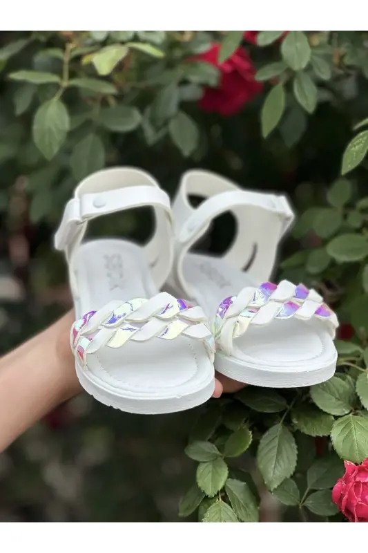 Kız Çocuk Sandalet Fashion Taşlı Sandalet Phylon (hafif) Yumuşak Taban Sandalet-Hologram Beyazı - 4