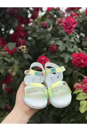 Kız Çocuk Sandalet Fashion Taşlı Sandalet Phylon (hafif) Yumuşak Taban Sandalet-HOLOGRAM YEŞİLİ - 1