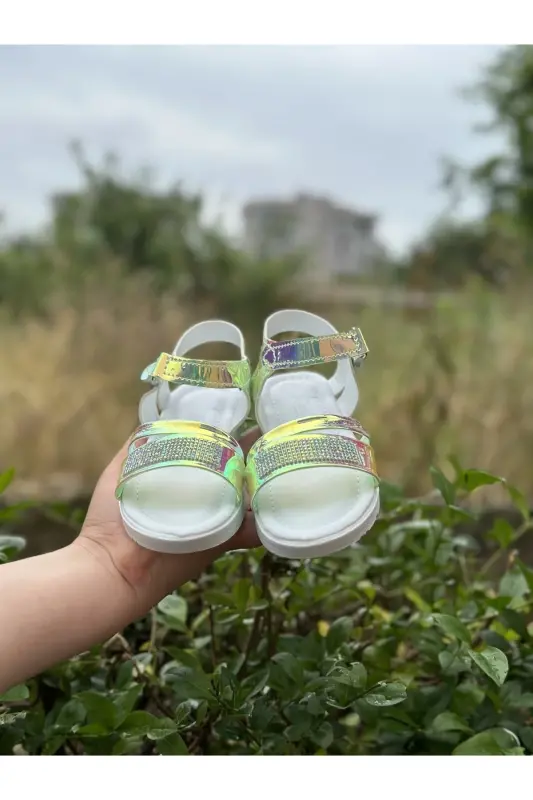 Kız Çocuk Sandalet Fashion Taşlı Sandalet Phylon (hafif) Yumuşak Taban Sandalet-HOLOGRAM YEŞİLİ - 3