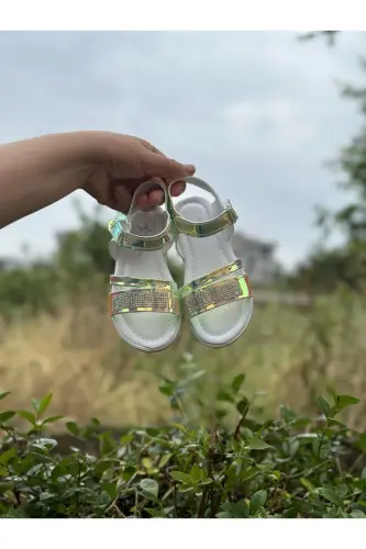 Kız Çocuk Sandalet Fashion Taşlı Sandalet Phylon (hafif) Yumuşak Taban Sandalet-HOLOGRAM YEŞİLİ - 4