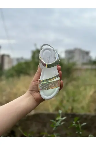 Kız Çocuk Sandalet Fashion Taşlı Sandalet Phylon (hafif) Yumuşak Taban Sandalet-HOLOGRAM YEŞİLİ - 5