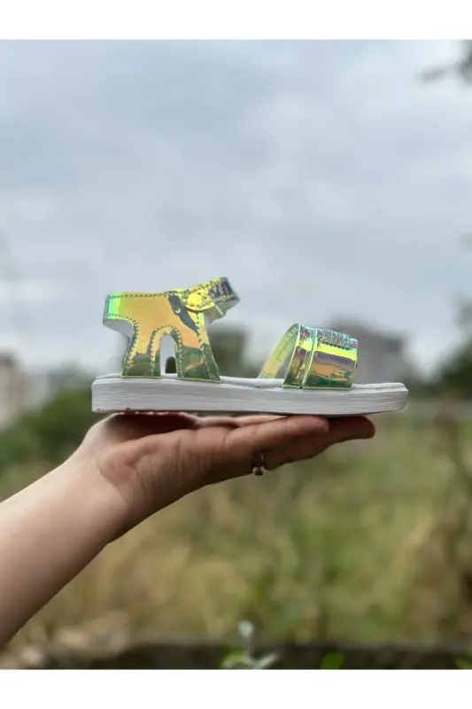 Kız Çocuk Sandalet Fashion Taşlı Sandalet Phylon (hafif) Yumuşak Taban Sandalet-HOLOGRAM YEŞİLİ - 6