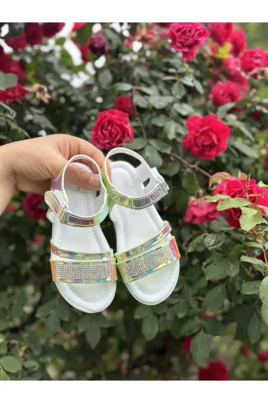 Kız Çocuk Sandalet Fashion Taşlı Sandalet Phylon (hafif) Yumuşak Taban Sandalet - HOLOGRAM YEŞİLİ - 2