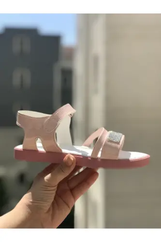 Kız Çocuk Sandalet Fashion Taşlı Sandalet Phylon (hafif) Yumuşak Taban Sandalet - Rugan Pembe 