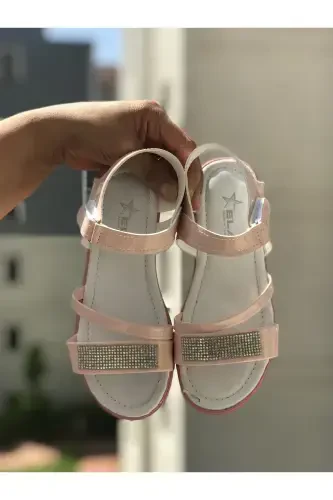 Kız Çocuk Sandalet Fashion Taşlı Sandalet Phylon (hafif) Yumuşak Taban Sandalet-Rugan Pembe - BOLD BOUTIQUE (1)