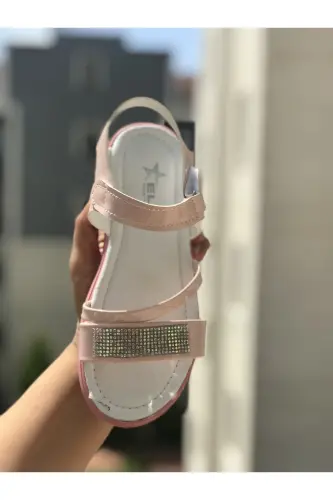 Kız Çocuk Sandalet Fashion Taşlı Sandalet Phylon (hafif) Yumuşak Taban Sandalet - Rugan Pembe - 3