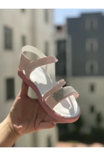Kız Çocuk Sandalet Fashion Taşlı Sandalet Phylon (hafif) Yumuşak Taban Sandalet - Rugan Pembe - 5