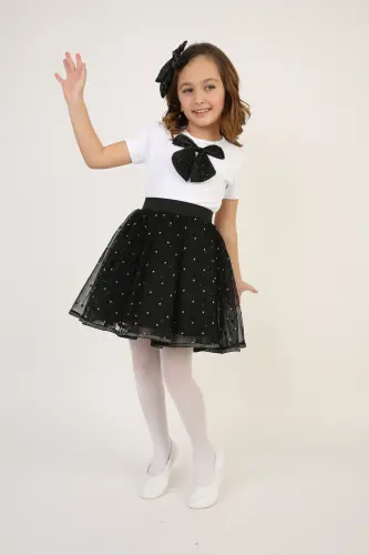 Kız Çocuk Siyah Fiyonk Detay Tişört Siyah Puantiyeli Etek Takım 23 Nisan 29 Ekim Gösteri Kıyafeti-Siyah Siyah4 - 8