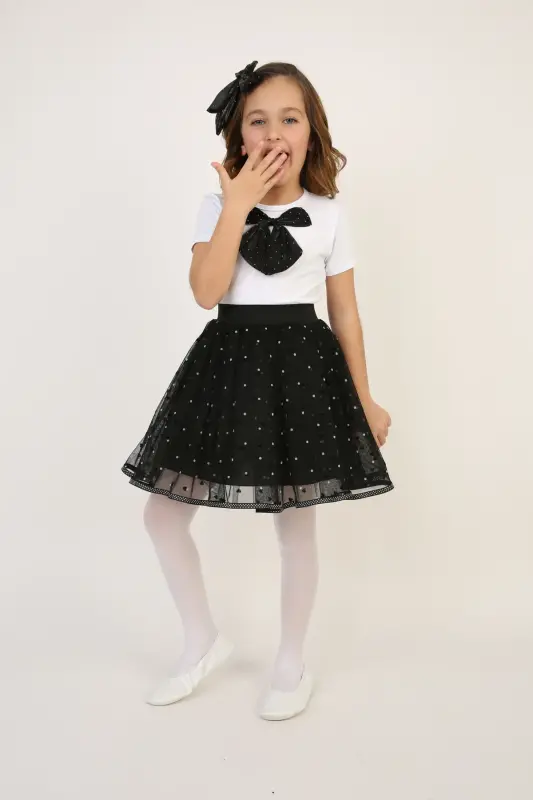 Kız Çocuk Siyah Fiyonk Detay Tişört Siyah Puantiyeli Etek Takım 23 Nisan 29 Ekim Gösteri Kıyafeti-Siyah Siyah4 - 5