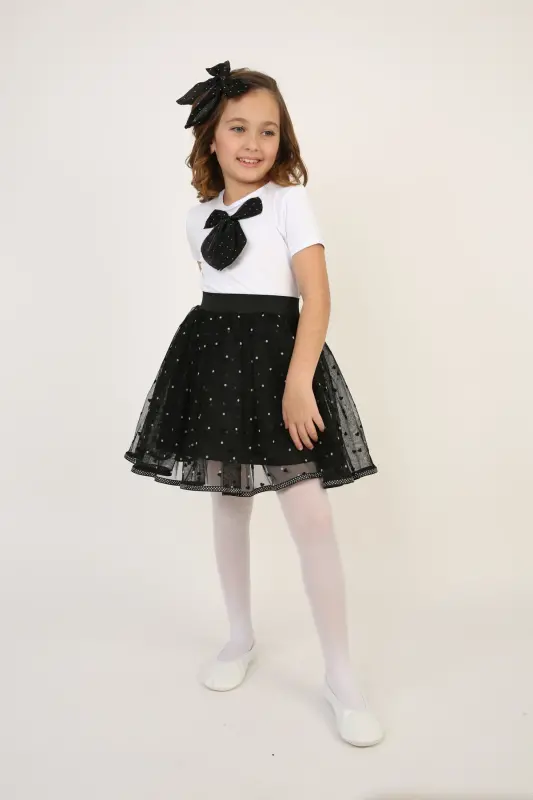 Kız Çocuk Siyah Fiyonk Detay Tişört Siyah Puantiyeli Etek Takım 23 Nisan 29 Ekim Gösteri Kıyafeti-Siyah Siyah4 - 7