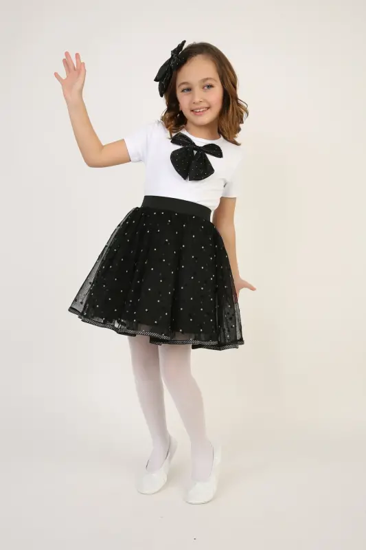 Kız Çocuk Siyah Fiyonk Detay Tişört Siyah Puantiyeli Etek Takım 23 Nisan 29 Ekim Gösteri Kıyafeti-Siyah Siyah4 - 8