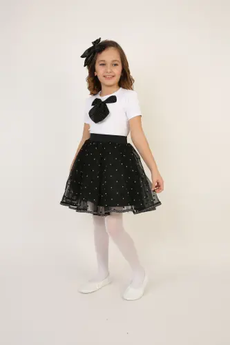 Kız Çocuk Siyah Fiyonk Detay Tişört Siyah Puantiyeli Etek Takım 23 Nisan 29 Ekim Gösteri Kıyafeti-Siyah Siyah4 - 3