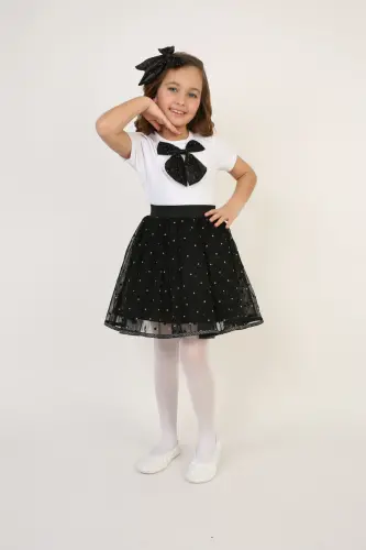 Kız Çocuk Siyah Fiyonk Detay Tişört Siyah Puantiyeli Etek Takım 23 Nisan 29 Ekim Gösteri Kıyafeti-Siyah Siyah4 - 4