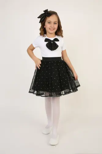 Kız Çocuk Siyah Fiyonk Detay Tişört Siyah Puantiyeli Etek Takım 23 Nisan 29 Ekim Gösteri Kıyafeti-Siyah Siyah4 - 6