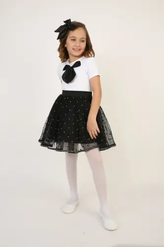 Kız Çocuk Siyah Fiyonk Detay Tişört Siyah Puantiyeli Etek Takım 23 Nisan 29 Ekim Gösteri Kıyafeti-Siyah Siyah4 - 7
