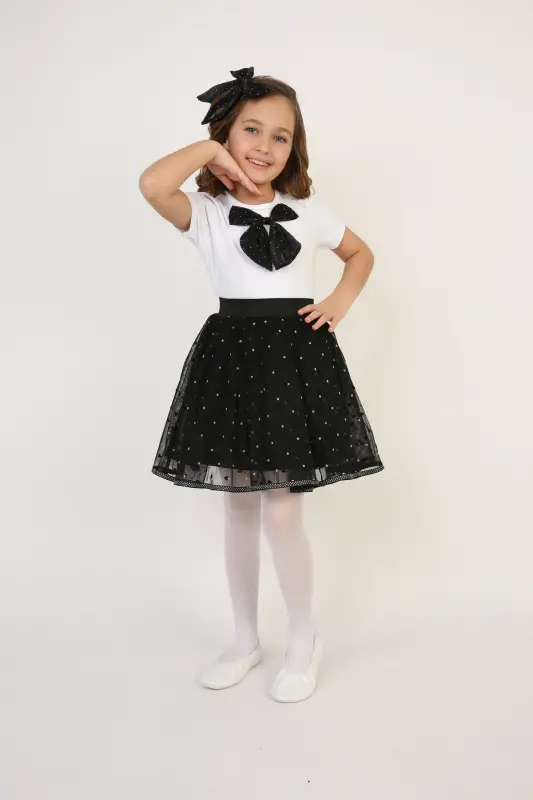 Kız Çocuk Siyah Fiyonk Detay Tişört Siyah Puantiyeli Etek Takım 23 Nisan 29 Ekim Gösteri Kıyafeti-Siyah Siyah4 - 4