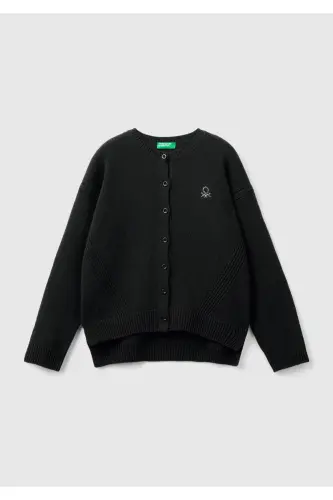 Kız Çocuk Siyah Önü Düğmeli Nervür Detaylı Hırka-Siyah 