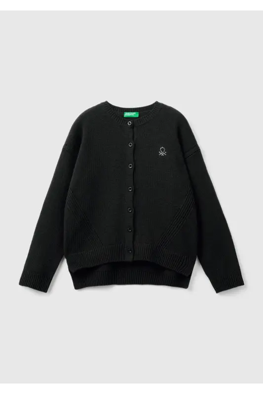 Kız Çocuk Siyah Önü Düğmeli Nervür Detaylı Hırka-Siyah - UNITED COLORS OF BENETTON