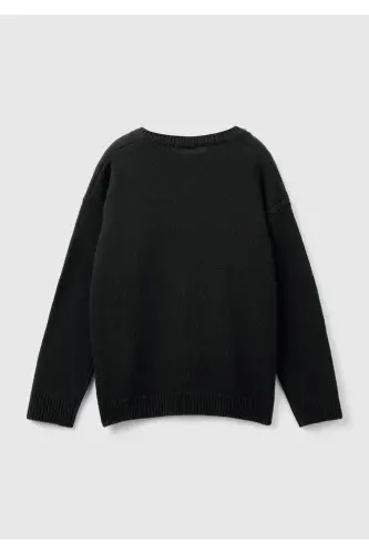 Kız Çocuk Siyah Önü Düğmeli Nervür Detaylı Hırka-Siyah - 2