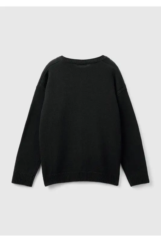 Kız Çocuk Siyah Önü Düğmeli Nervür Detaylı Hırka-Siyah - 2