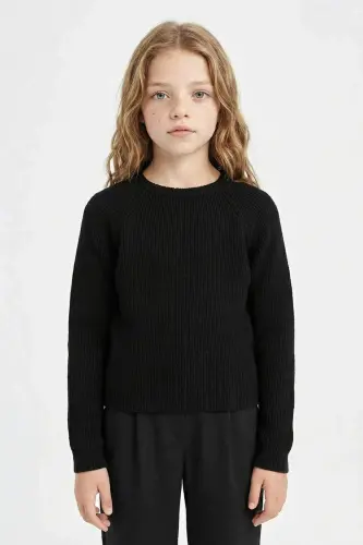 Kız Çocuk Siyah Standart Fit Bisiklet Yaka Basic Düz Triko Kazak C6910A824AU - Siyah-BK27 - 3