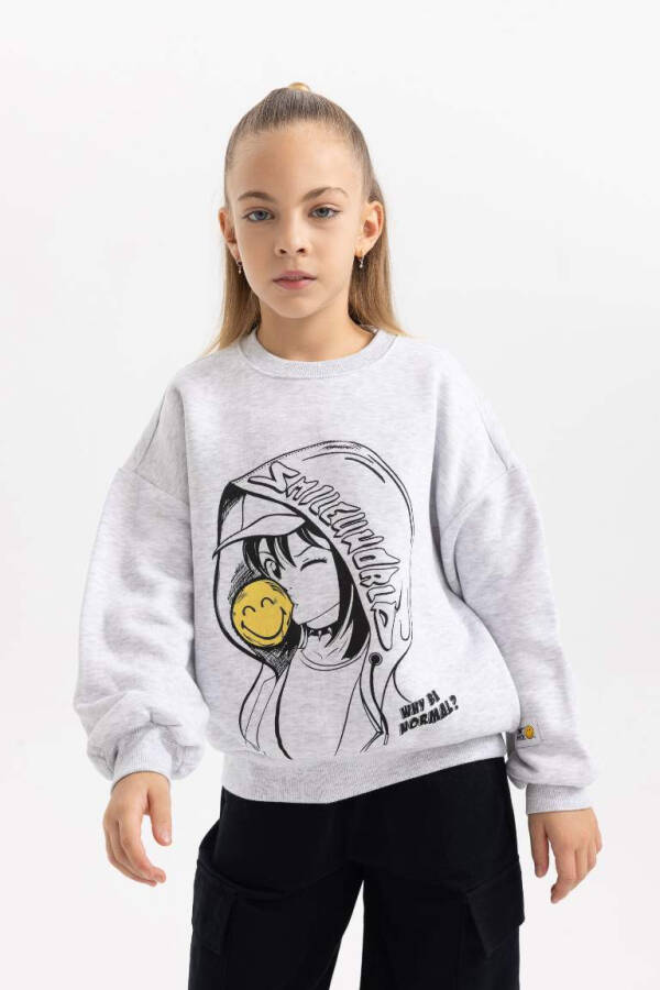 Kız Çocuk SmileyWorld Geniş Kesimli Bisiklet Yaka İçi Tüylü Kalın Sweatshirt Gri Melanj - 1