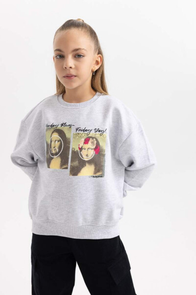 Kız Çocuk SmileyWorld Relax Fit Bisiklet Yaka Sweatshirt Gri Melanj - 1