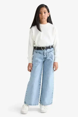 Kız Çocuk Ekru Standart Fit Bisiklet Yaka Basic Düz Triko Kazak C6902A824AU-Ekru - 2