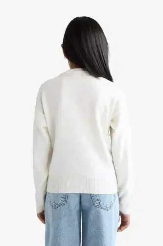 Kız Çocuk Ekru Standart Fit Bisiklet Yaka Basic Düz Triko Kazak C6902A824AU-Ekru - 6