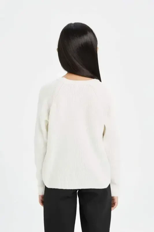 Kız Çocuk Ekru Standart Fit Bisiklet Yaka Triko Kazak C6910A824AU-Ekru - 5