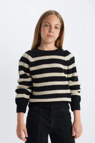 Standart Fit Çizgili Bisiklet Yaka Triko Kazak Kız Çocuk C6929A824AU - Siyah-BK27 - 4