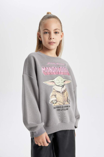 Kız Çocuk Star Wars-Mandalorian Bisiklet Yaka İçi Yumuşak Tüylü Kalın Sweatshirt Gri - 1