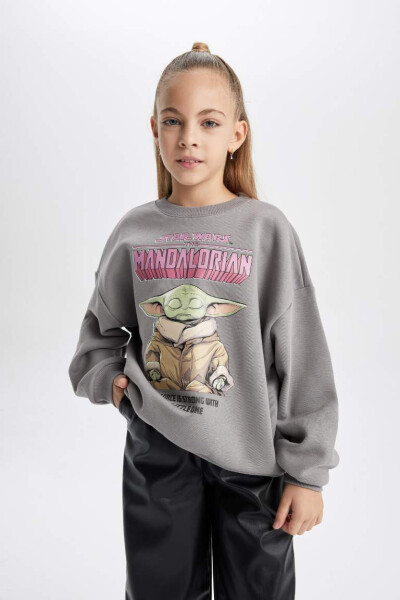 Kız Çocuk Star Wars-Mandalorian Bisiklet Yaka İçi Yumuşak Tüylü Kalın Sweatshirt Gri - 3