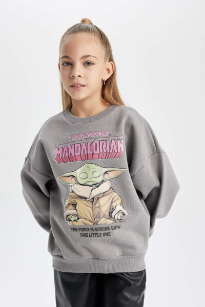 Kız Çocuk Star Wars-Mandalorian Bisiklet Yaka İçi Yumuşak Tüylü Kalın Sweatshirt Gri - 4