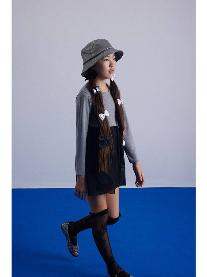 Gri Kız Çocuk Tül Detaylı Triko Elbise-Gri - 2