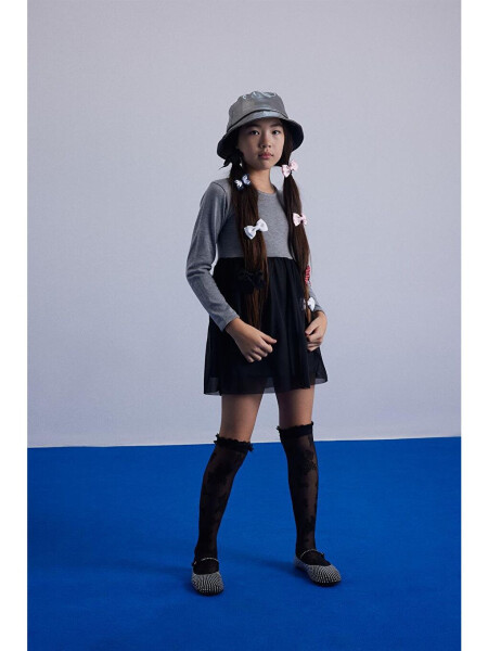 Gri Kız Çocuk Tül Detaylı Triko Elbise-Gri - 3