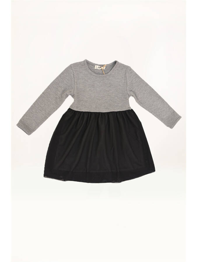 Gri Kız Çocuk Tül Detaylı Triko Elbise-Gri - 6