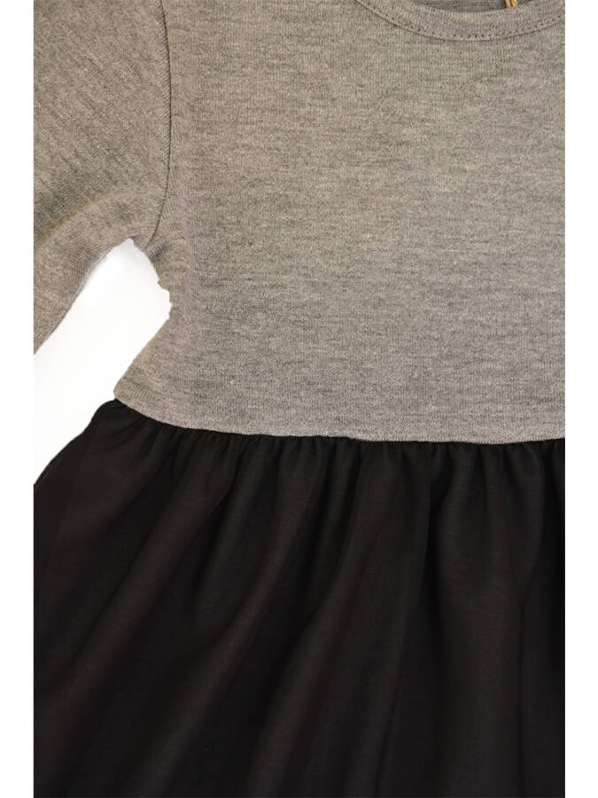 Gri Kız Çocuk Tül Detaylı Triko Elbise-Gri - 8