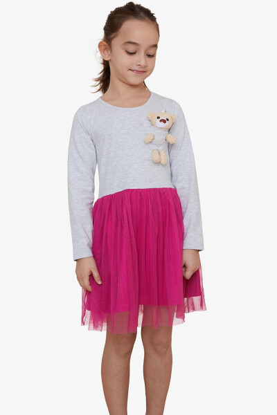 Kız Çocuk Uzun Kollu Elbise Ayıcık Aksesuarlı Açık Gri Melanj (3-4 Yaş)-Gri - 9