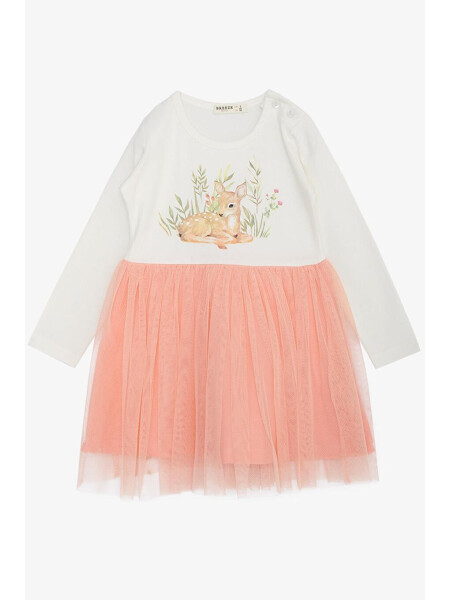 Kız Çocuk Uzun Kollu Elbise Çiçek Desenli Sevimli Ceylancık Baskılı Ekru (1.5-3 Yaş)-Ekru - LC WAIKIKI