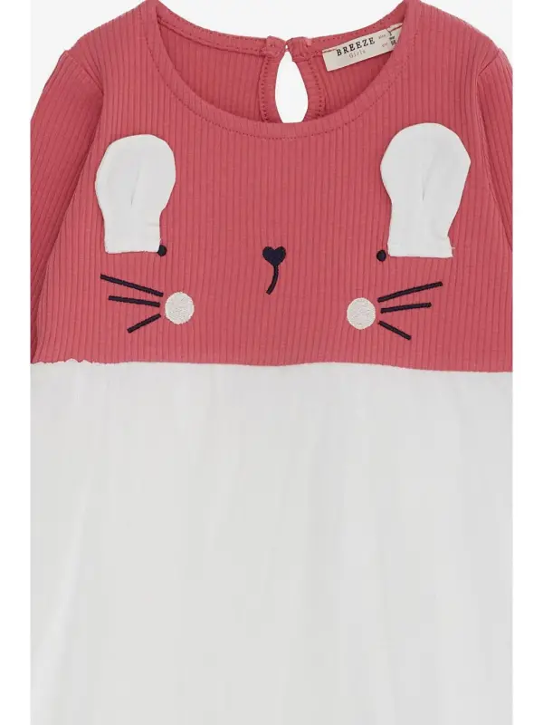 Kahverengi Kız Çocuk Uzun Kollu Elbise Kedicik Nakışlı Kiremit (1.5-3 Yaş)-Kahverengi - 3