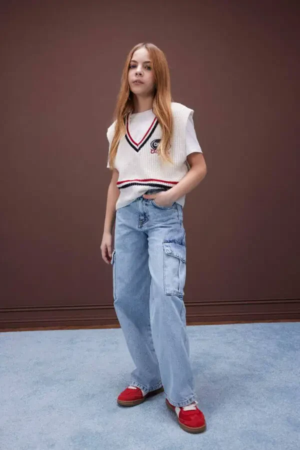 Kız Çocuk V Yaka Nakışlı Triko Süveter-Ekru - 2