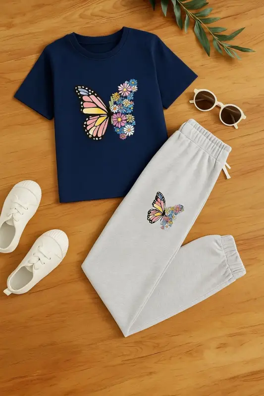 Kız Çocuk Yazlık Kumaş Lacivert Çiçekli Kelebek Baskılı Tişört-Eşofman Takım-lacivert - 1
