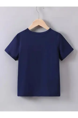 Kız Çocuk Yazlık Kumaş Lacivert Çiçekli Kelebek Baskılı Tişört-Eşofman Takım-lacivert - 3