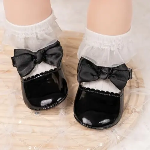 Bellocasa Baby Mary Jane Flats for Girls with Bowknot Cotton Anti Skid Sole Infant First Walker Princess Dress Crib Wedding Shoes - 2