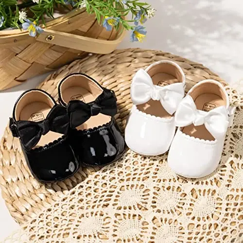 Bellocasa Baby Mary Jane Flats for Girls with Bowknot Cotton Anti Skid Sole Infant First Walker Princess Dress Crib Wedding Shoes - 3