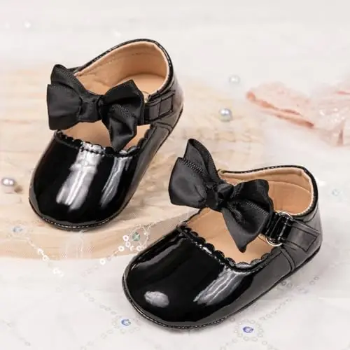 Bellocasa Baby Mary Jane Flats for Girls with Bowknot Cotton Anti Skid Sole Infant First Walker Princess Dress Crib Wedding Shoes - 4