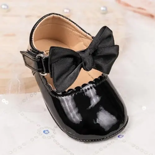 Bellocasa Baby Mary Jane Flats for Girls with Bowknot Cotton Anti Skid Sole Infant First Walker Princess Dress Crib Wedding Shoes - 5