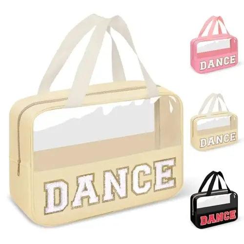 Dance Bag for Girls Chenille Letter Clear Makeup DANCE Stuff Bag,Toddler Dance Recital Gifts Ballet Cosmetic Zipper Pouch with Handle,Dance Competition Accessories Toiletry Storage Bag(DANCE-Beige) - 1